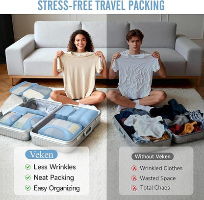 Veken 8 Set Packing Cubes for Travel Essentials,Anti-Wrinkle Buckled Suitcase Organizer for Shoe & Toiletry Bag,Carry On Luggage Bag with 99+ Count Mesh Holes for Airplane & College Dorm Accessories