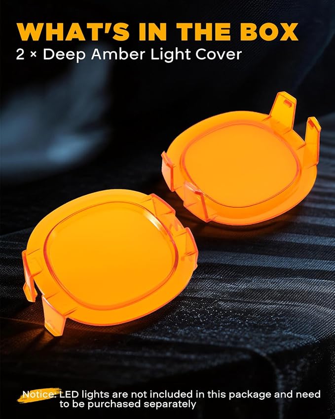 Auxbeam P4 Series 4 Inch Deep Amber Light Covers 2300K Dark Amber Tint Round Off-Road Light Lens Cap LED Pods Covers Reduce Glare for Fog & Dust Low Visibility, 2 Packs