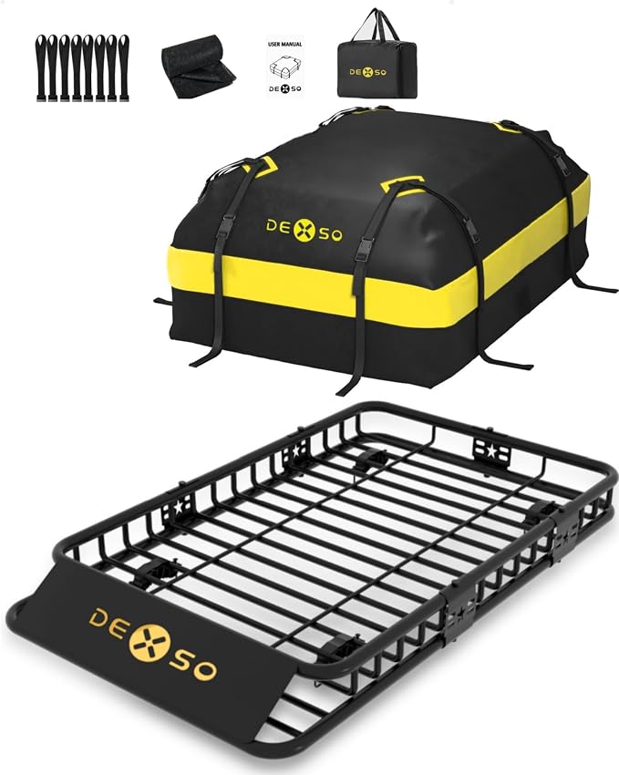 64" x 39" Universal Roof Rack Basket, 200 Lbs Capacity Rooftop Cargo Carrier Basket with 21 Cubic Feet (52" x 39" x 18") Waterproof Luggage Bag, for Suvs, Trucks, Vehiclesor Suvs, Trucks, Vehicles