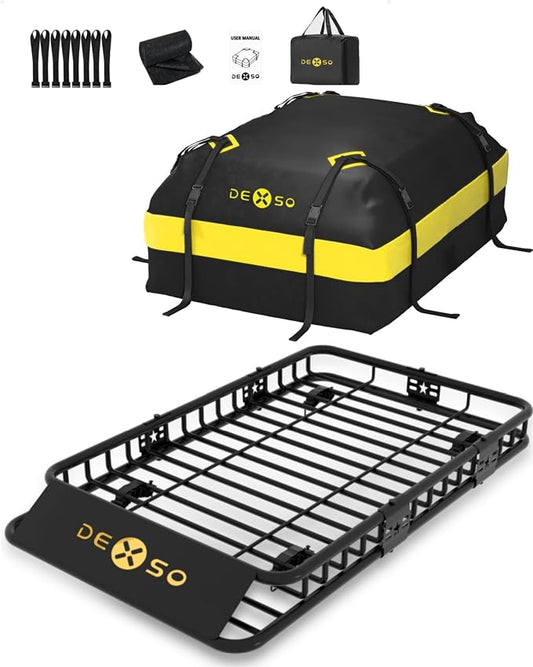 64" x 39" Universal Roof Rack Basket, 200 Lbs Capacity Rooftop Cargo Carrier Basket with 21 Cubic Feet (52" x 39" x 18") Waterproof Luggage Bag, for Suvs, Trucks, Vehiclesor Suvs, Trucks, Vehicles