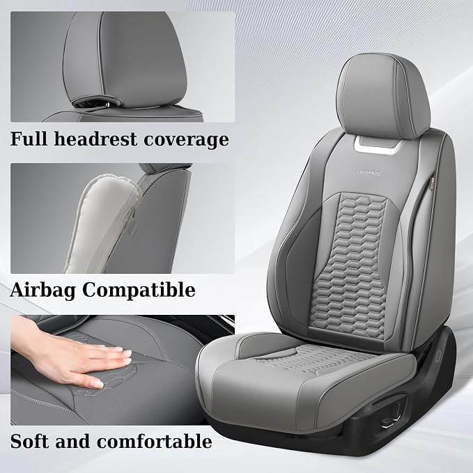 Coverado Seat Covers Full Set, Luxury Leather Car Seat Covers, Waterproof Automotive Car Seat Covers Universal Fit for Most Sedans, SUVs, Pick-up Trucks(Gray)