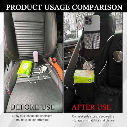 2PCS Car Seat Side Organizer, Seat Side Storage Pocket, Multifunctional Mesh Net Pocket, Car Multi-Pockets Backseat Organizer Side Hanging Bag for Storage Coins, Cell Phones (Black, 2PCS)
