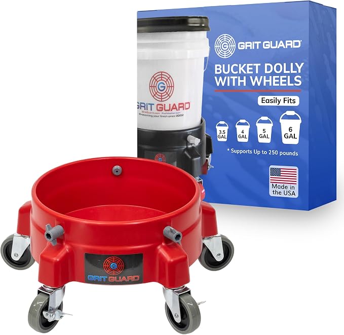 Grit Guard Bucket Dolly with Wheels - Rolling Detailing Wash Bucket with 5 Wheels and 2 Locking Casters Compatible with 2.5, 4, 5 and 6 Gallon Buckets (Red, 3" Grey Casters) - Made in the USA