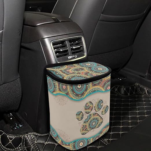 Talayituse Boho Mandala Print Car Trash Can, Dog Paw Design Portable Auto Garbage Bin Multifunctional Vehicle Interior Accessories with Adjustable Straps Universal Fit Truck SUV Sedan