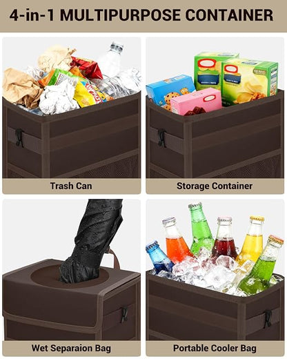 Capolo Car Trash Can with Lid, Leakproof Car Trash Bag Hanging Waterproof Automotive Garbage Can with Storage Pockets Mini Vehicle Trash Bin for Back/Front Seat(Brown,3 Gallon)
