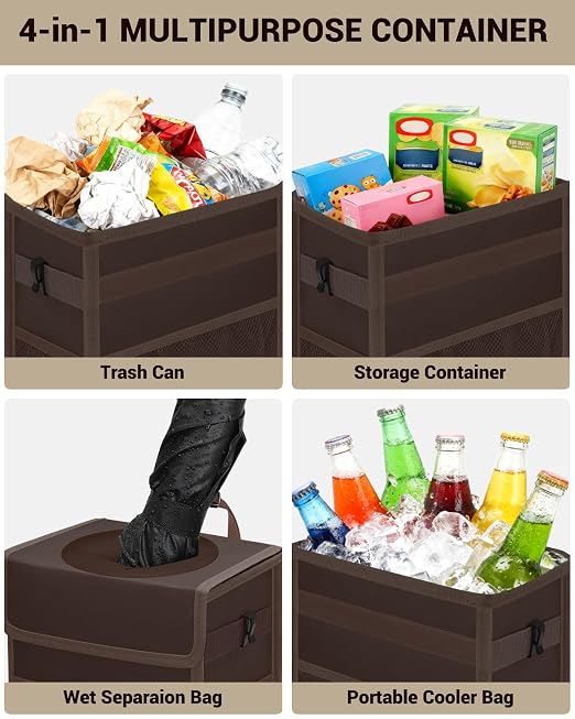 Capolo Car Trash Can with Lid, Leakproof Car Trash Bag Hanging Waterproof Automotive Garbage Can with Storage Pockets Mini Vehicle Trash Bin for Back/Front Seat(Brown,2.5 Gallon)