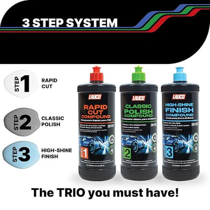 LAUCO 3-Step Kit – Steps 1 2 3 – 32oz, with a Towel, Professional Silicone-Free Cutting, Polishing & Finishing Compounds for Scratch Removal, Clear Coat Safe High-Gloss Finish
