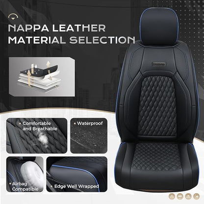 Coverado Full Set Leather Car Seat Covers for F150,Waterproof Automotive Seat Covers for Cars,SUVs,Pickup Trucks,Compatible with 2015-2026 F150 SuperCrew,2017-2026 F250 F350 F450 Crew Cab, Blue Line