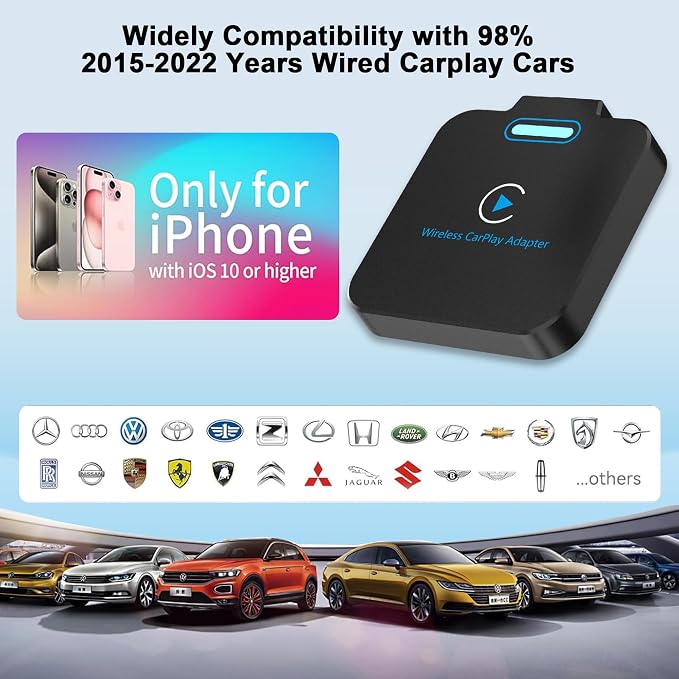 Wireless CarPlay Adapter for Apple - Convert Wired to Wireless, Plug & Play Dongle for iPhone & Factory Wired Cars - Fit Cars from 2016 and iOS 10+