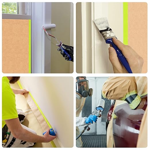 Tangibay Pre-Taped Masking Paper for Painting - 24 inch x 50 feet Tape and Drape Painters Paper, Paint Adhesive Protective Paper Roll for Covering Skirting, Frames, Cars and Auto Body (1 Roll)