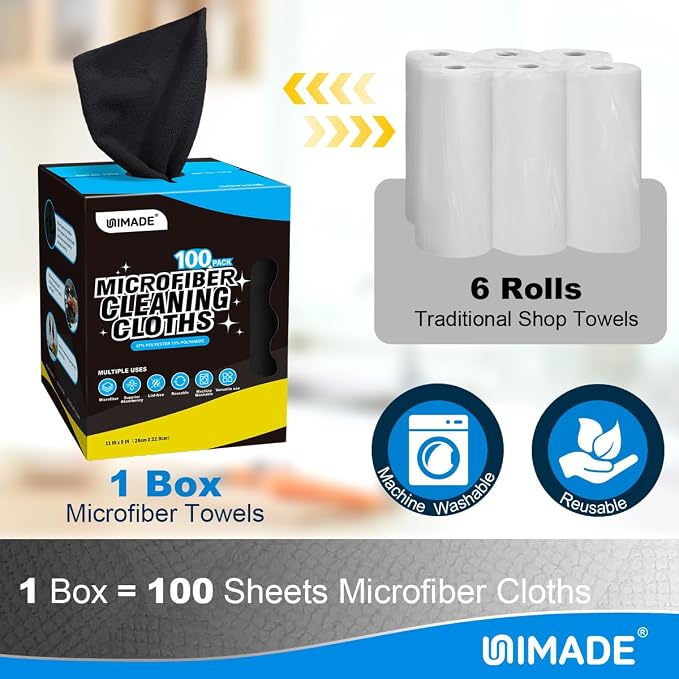 UNIMADE Microfiber Cleaning Cloth, 100 Sheets Microfiber Towels for Cars Commercial Grade Washcloths Lint-Free Bulk Shop Towel Cleaning Rags for Mechanic Restaurant Garage Housekeeping, 11"x 9", Black