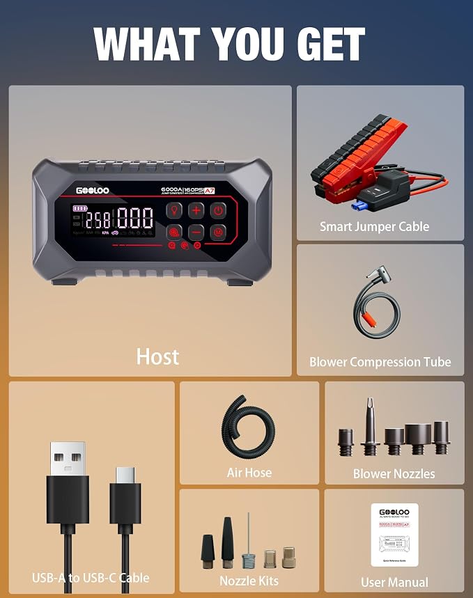 GOOLOO A7 Jump Starter with Air Compressor, 6000A &160PSI 12V Car Battery Jumper Starter Portable Booster Pack, Supersafe Jump Box (All Gas & 10L Disel) with Tire Inflator & Air Pump(Inflate& Deflate)
