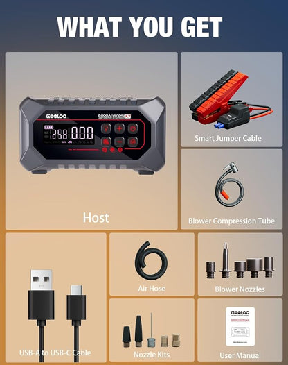 GOOLOO A7 Jump Starter with Air Compressor, 6000A &160PSI 12V Car Battery Jumper Starter Portable Booster Pack, Supersafe Jump Box (All Gas & 10L Disel) with Tire Inflator & Air Pump(Inflate& Deflate)