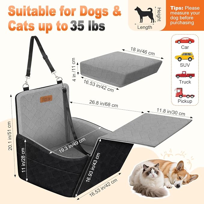 Elevated Dog Car Seat, Dog Booster Car Seats for Small & Medium Breeds Up to 35lbs, Fully Detachable and Washable, Soft Foam Pet Carseat with 2 Storage Pockets & 3 Safety Belts, Black & Gray