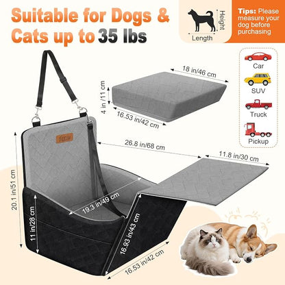 Elevated Dog Car Seat, Dog Booster Car Seats for Small & Medium Breeds Up to 35lbs, Fully Detachable and Washable, Soft Foam Pet Carseat with 2 Storage Pockets & 3 Safety Belts, Black & Gray