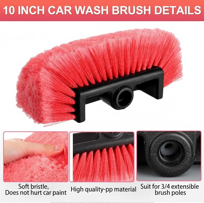 Vesici 4 Pcs Car Wash Brush Head with Soft Detailing Bristle Flow Thru Car Cleaning Brush Exterior Cars Wash Equipment for Auto Truck RV Boat Camper Washing, 10 Inch (Red)