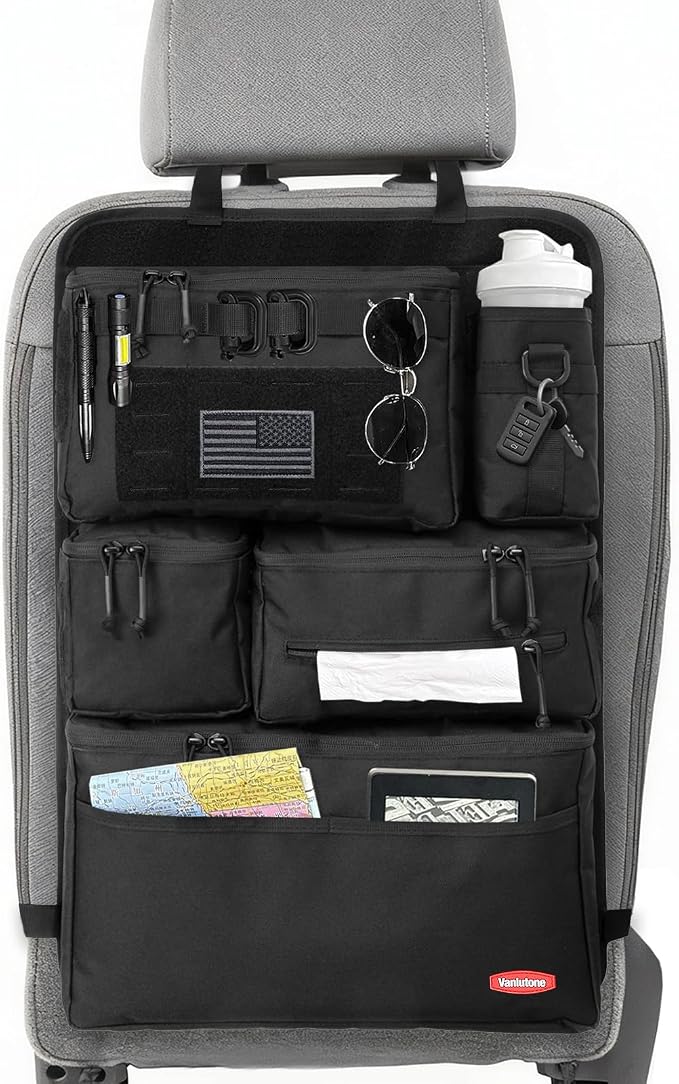 Tactical Seat Back Organizer - Heavy Duty MOLLE Panel Organizer with Multiple Pockets & Hook Loop Panel for EDC Gear, Road Trip Essentials, Universal Fit for Car SUV Truck Jeep Ford(Black)