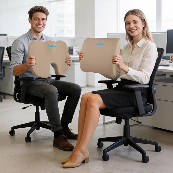 CushZone Ergonomic Seat Cushion & Lumbar Support Pillow - Memory Foam for Sciatica Pain Relief & Posture Correction, Non-Slip Chair Cushions for Office Chair/Car/Wheelchair/Travel, Khaki