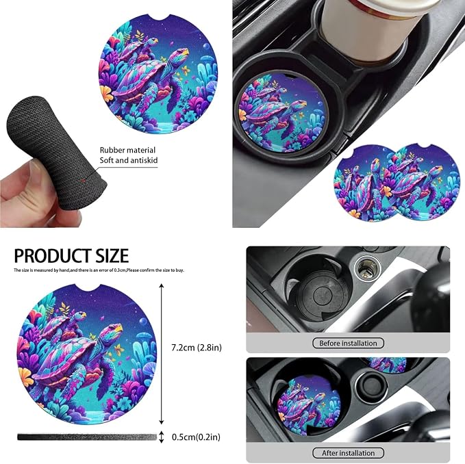 Trippy Sea Turtle Car Accessories Full Set, Colorful Underwater World Front Rear Seat Cover Coral Reef Turtle Matching Steering Wheel Cover Seatbelt Pads Cup Mat Keychain