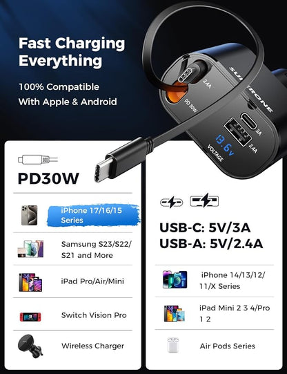 SUPERONE Retractable Car Charger for iPhone with Dual Type C Cables, 4 in 1 USB C Car Charger Adapter with 69W Fast Charging Compatible with iPhone 17 16 15 14 13 12 11 Pro/XS/XR/SE/iPad/Airpods