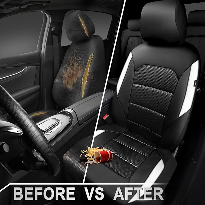 CAR PASS Memory Foam Car Seat Covers,Air Cool Mesh Thick Seat Covers Front Seats,White Leather Seat Covers for Car,Universal Automotive Comfort for Most Cars,SUV,Trucks,Airbag Compatible,Black White