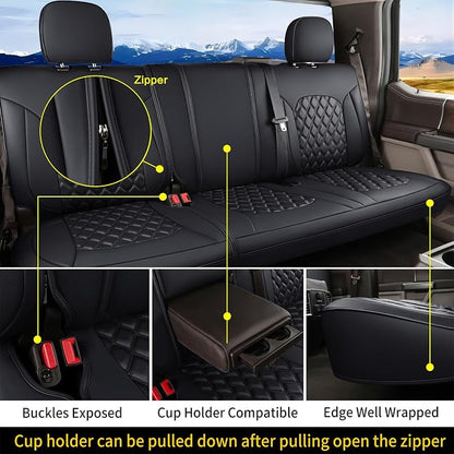Huidasource F150 Rear Bench Car Seat Covers, Leather Back Row Seat Cushion Cover Fit for 2015-2025 Ford F150 SuperCrew & 2017-2025 F250 F350 F450 Super Duty Crew Cab XL XLT Lariat(Back Row/Black)