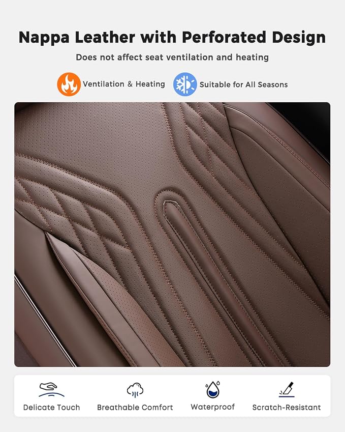 Huidasource Coffee Seat Covers Full Set, Universal Fit for Most Cars Trucks SUV, Full Coverage Leather Seat Cover, Airbag, Cupholder Compatible, Velcro Adjustable, Heaating/Cooling Function Retain