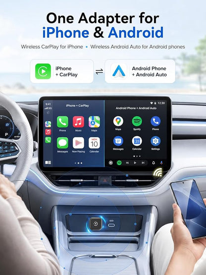 Mini Wireless CarPlay & Android Auto Adapter, Low-Profile USB-A 2-in-1 Wireless Adapter for Factory Wired CarPlay/Android Auto Cars, Plug-in Once Auto Reconnect, 5GHz WiFi, USB-C Adapter Included