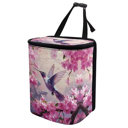 BIGCARJOB Hummingbird Flower Car Trash Bags Hanging Headrest Car Trash Bin for Back Seat,Pink Flower Bird Print Multi-Use Storage Organizer Car Garbage Can,Universal Fit
