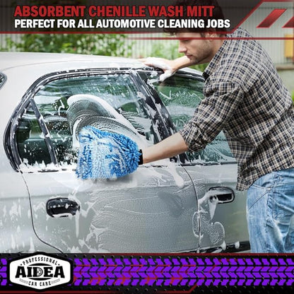 AIDEA Car Wash Mitt Microfiber, 1PK Scratch Free Lint-Free, Premium Chenille Microfiber Sponge Mitt Car Wash Brush, Blue, Regular Size 7.12''X10.14''