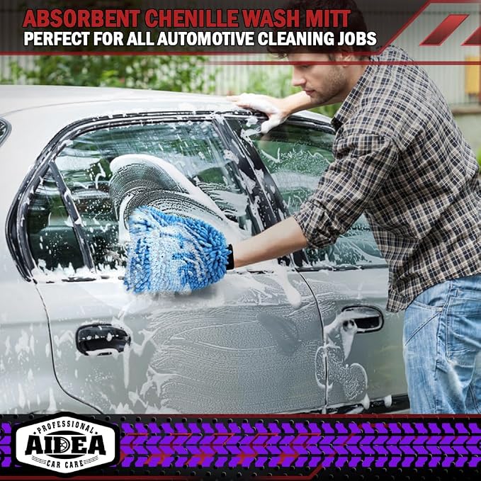 AIDEA Car Wash Mitt Microfiber, 2PK Scratch Free Lint-Free, Premium Chenille Microfiber Mitt Car Wash Brush, Green & Blue, Regular Size 7.12''X10.14''