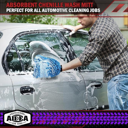 AIDEA Car Wash Mitt Microfiber, 2PK Scratch Free Lint-Free, Premium Chenille Microfiber Mitt Car Wash Brush, Green & Blue, Regular Size 7.12''X10.14''
