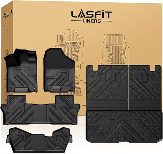 LASFIT Floor Mats & Trunk Mat for Honda Pilot 2016-2022 8 Passenger (No Elite Model), All Weather TPE Custom Fit Floor Liner Accessories, 1st & 2nd & 3rd Row & Cargo Liner with Backrest Mat, Black