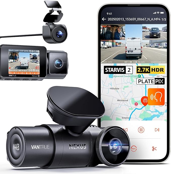 Vantrue N4S 3 Channel Dash Cam for Delivery &Cargo Vans, 2.7K+1440P+1440P Front Inside Rear,PlatePix™,STARVIS 2 x HDR x IR Night Vision,Voice Control,GPS,24/7 Parking Mode,Supports 1TB Max