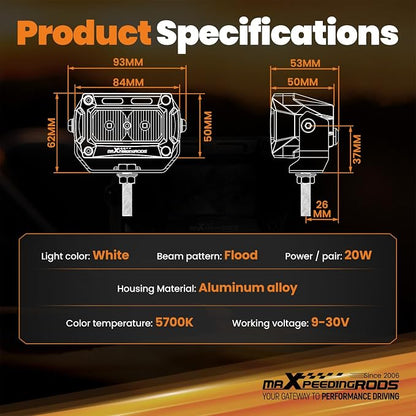 maXpeedingrods 2X 3.3 Inch LED Offroad Pod Lights, 2000LM Light Bar White Flood, IP67 Ditch Lights with Wiring Harness for Jeep Ford Truck Pickup ATV UTV Motorcycles Tractor