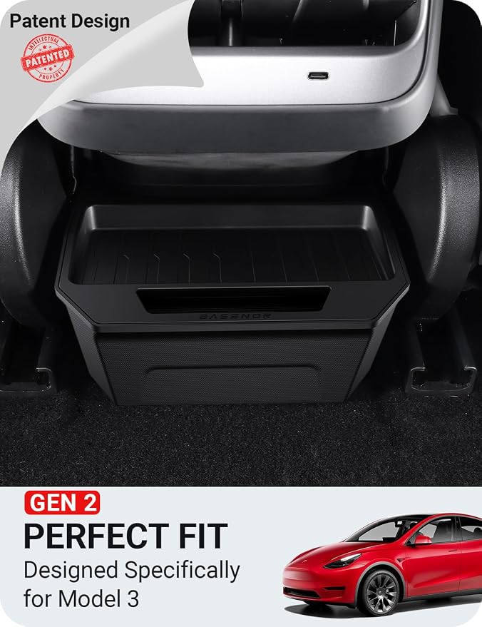 BASENOR 2017-2023 Tesla Model 3 Trash Can, Rear Center Console Organizer Tray, Backseat Storage Box with Lid Cover for Model 3 Interior Accessories(Not Fit 2024-2026 Model 3)