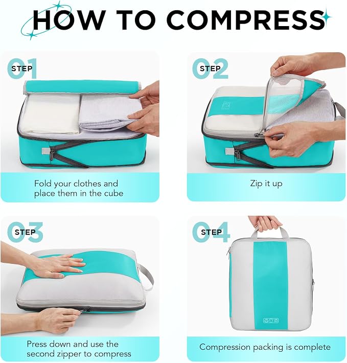 OlarHike 10-Pack Compression Packing Cubes for Travel Essentials,Compressible Expandable Packing Cubes for Suitcase,Luggage Garment Bags for Travel,Handy Helper for Organizing Clothes(Blue Green)