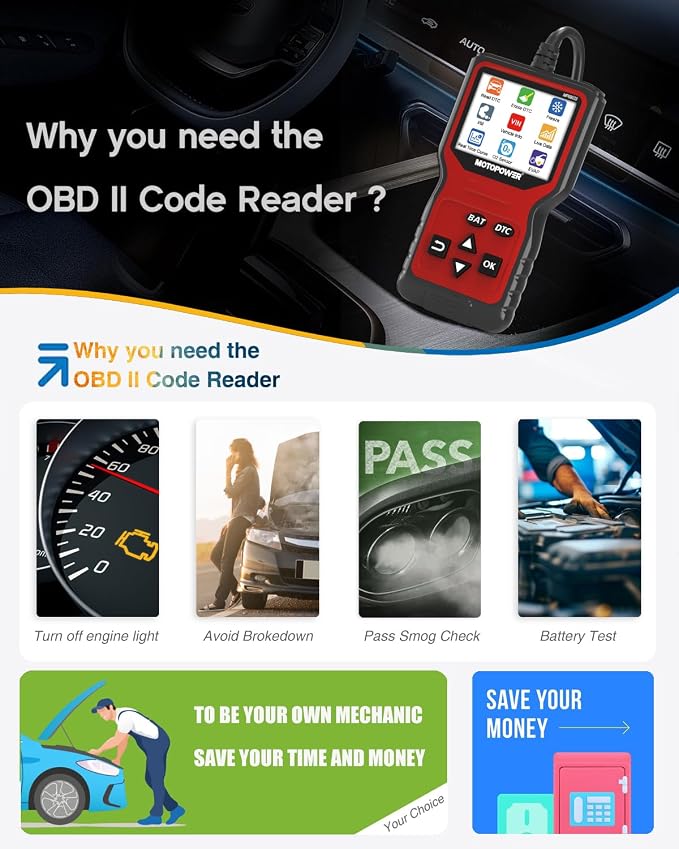 MOTOPOWER MP69033 Pro OBD2 Scanner Code Reader Check Engine Fault Light Diagnostic Scan Tool with Battery Tester