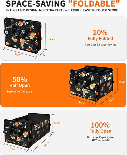 SIBOFUEGO Sturdy Car Trunk Organizer – Large Capacity Trunk Organizer for SUVs & Sedans, Hard-Shell One-Piece Design with Cute Print, Collapsible and Durable Car Organizers (Flower 70L)