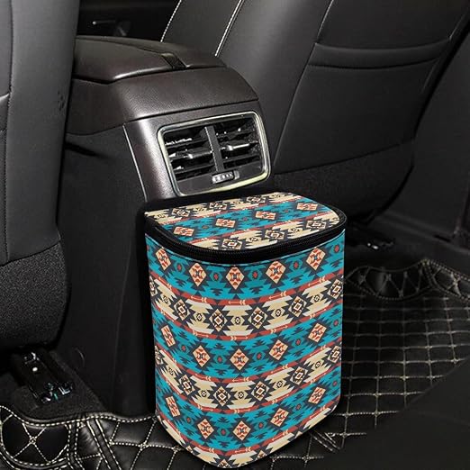 Aztec Tribal Geometric Pattern Car Trash Can with Lid and Zipper Portable Foldable Ethnic Style Trash Bin for Car Interior Accessories Multipurpose Garbage Can Bags Storage Organizer