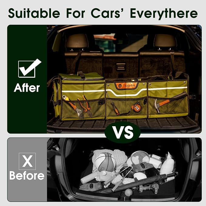 SugarFox Car Trunk Organizer for SUV, Heavy Duty Waterproof Trunk Organizer, Foldable Collapsible Car Organizer with Cooler, Multi-Compartment Large Trunk Organizer (95L), Green-M003