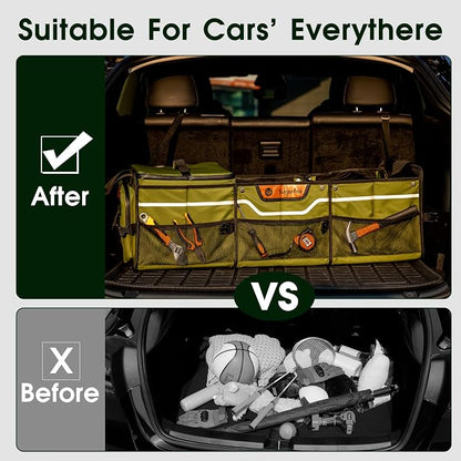SugarFox Car Trunk Organizer for SUV, Heavy Duty Waterproof Trunk Organizer, Foldable Collapsible Car Organizer with Cooler, Multi-Compartment Large Trunk Organizer (95L), Green-M003