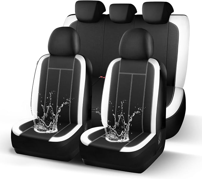 HChengkikz Car Seat Covers Full Set, Waterproof Neoprene Car seat Covers, Airbag Compatible, Universal Fit Automotive Seat Covers for Most Cars, Trucks, SUVs (Black + White)