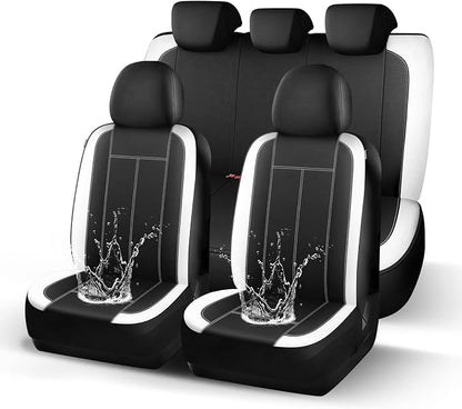 HChengkikz Car Seat Covers Full Set, Waterproof Neoprene Car seat Covers, Airbag Compatible, Universal Fit Automotive Seat Covers for Most Cars, Trucks, SUVs (Black + White)
