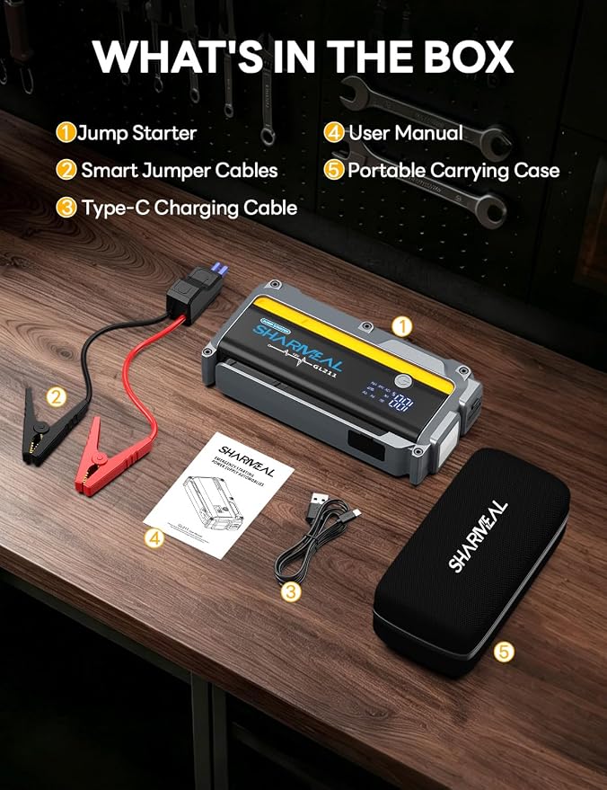 Sharmeal Jump Starter, 6000A Battery Jumper Starter Portable (All Gas/10.0L Diesel), 12V Jump Box Car Battery Jump Starter with Smart Jumper Cables, LED Light