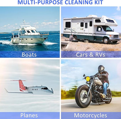 12Pcs Boat Wash Cleaning Kit with Collapsible Bucket Wash Sponge Mitt Microfiber Towel Squeegee Scrub Pads Brushes Complete Interior Exterior Cleaning Set for Boat