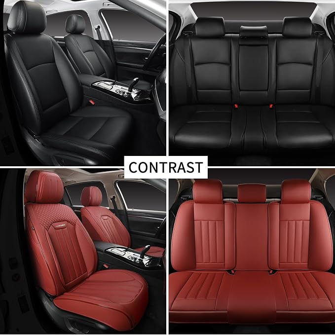 Red Car Seat Covers Full Set, Universal Leather Seat Cover for Cars 5 Seats, Waterproof and Breathable Automotive Seat Cover Front and Rear Seat Covers for Most Trucks, Sedans, SUVs