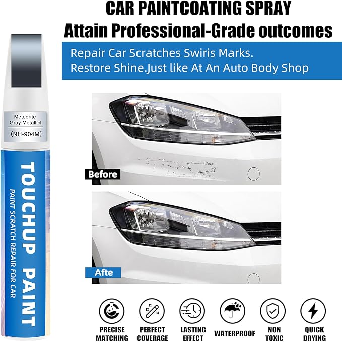 Meteorite Grey Metallic(NH-904M) Touch Up Paint for Honda 2-in-1 Car Scratch Repair Pen for Rock Chips, Door Scratches & Paint Nicks Exact Color Match Quick Dry DIY Fix for Civic Accord CR-V