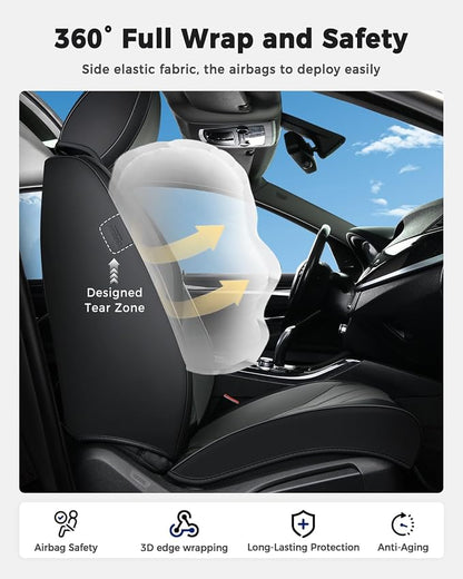 Huidasource Leather Car Seat Covers Full Set, Full Coverage Universal Fit for Most Cars SUVs Trucks, Easy Install with Velcro, Airbag Compatible, Retains Seat Functions & Cupholders, Black & Gray