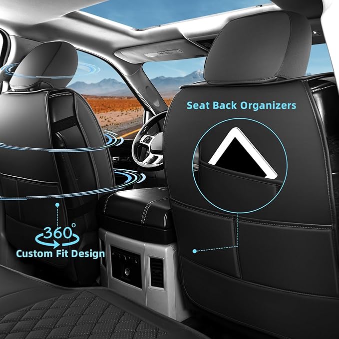 FREESOO Car Seat Covers Full Set for Dodge Ram 2002-2018 1500 & 2011-2026 2500 3500 Crew Quad Cab, 2019-2024 Ram 1500 Classic Leather Seat Cover, with Curved Bench, Black